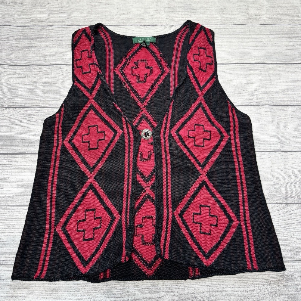 Ralph Lauren Red Black Vest Geometric Indian Blanket Linen XL Concho Button Knit